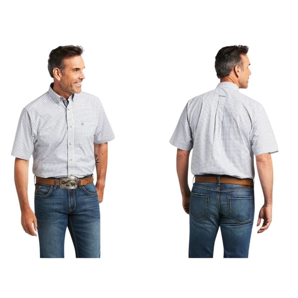 Ariat Pro Series‎ Stretch Taha White Blue Plaid Western Button Up Shirt Size XXL